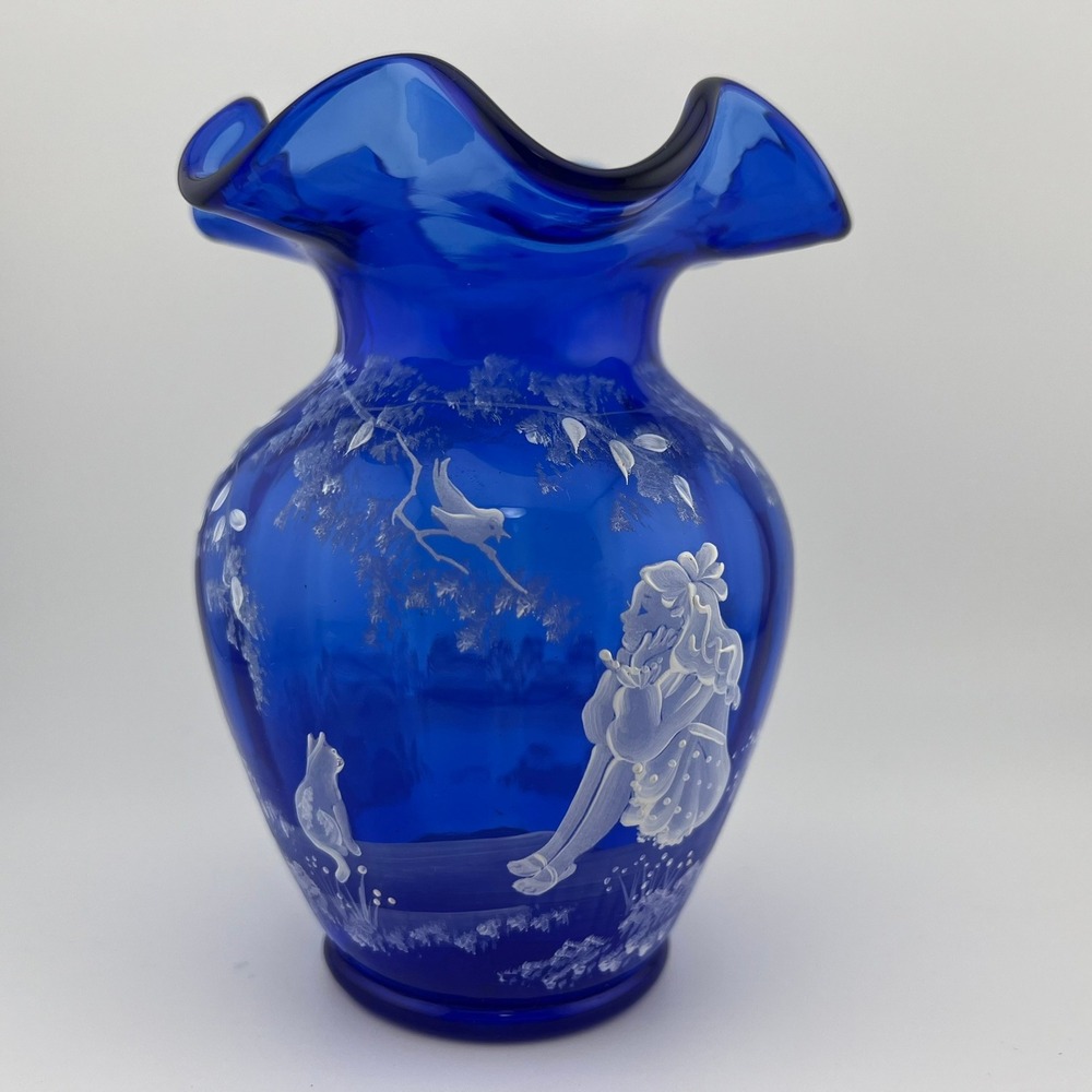 Fenton Cobalt Blue Girl Cat Vase Hand Painted Ruffled Art Glass Signed